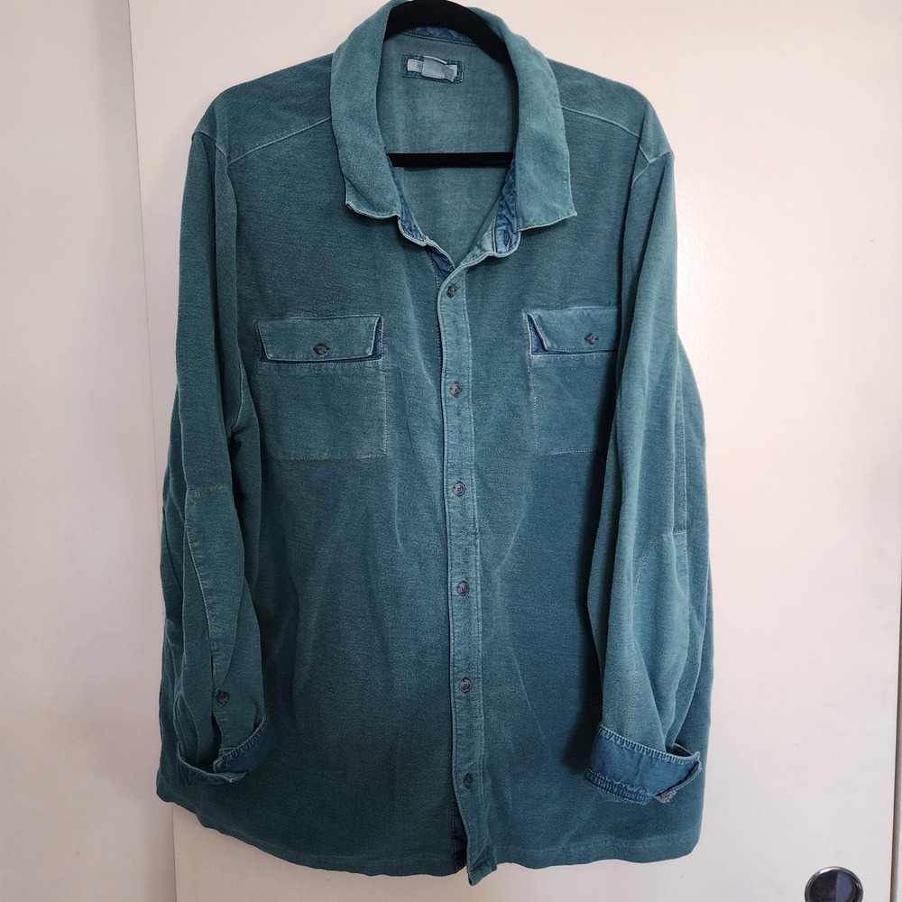 Carbon2Cobalt Button Down Mens XXL Teal Excellent Knit Cotton Denim Trim Shirt